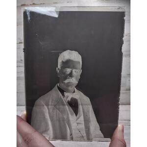 Antique Victorian Glass Plate Photo Negative Man w/ Bow Tie Glasses Mustache 5x7
